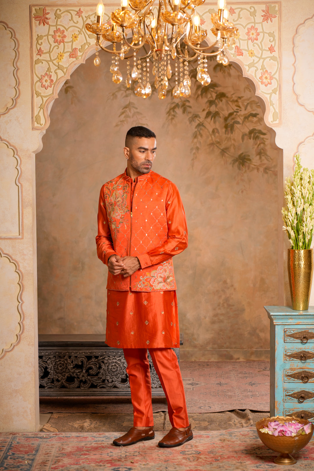 VEER PEACH ORANGE NEHRU JACKET  SET