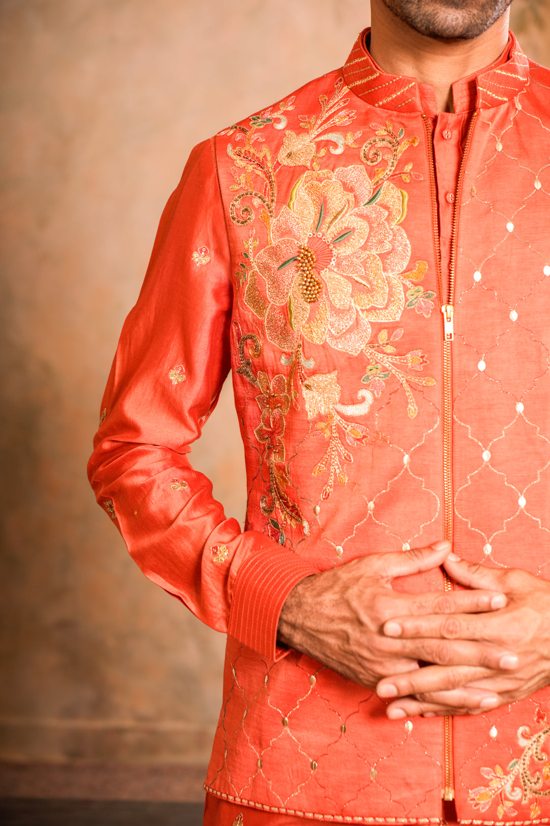VEER PEACH ORANGE NEHRU JACKET  SET