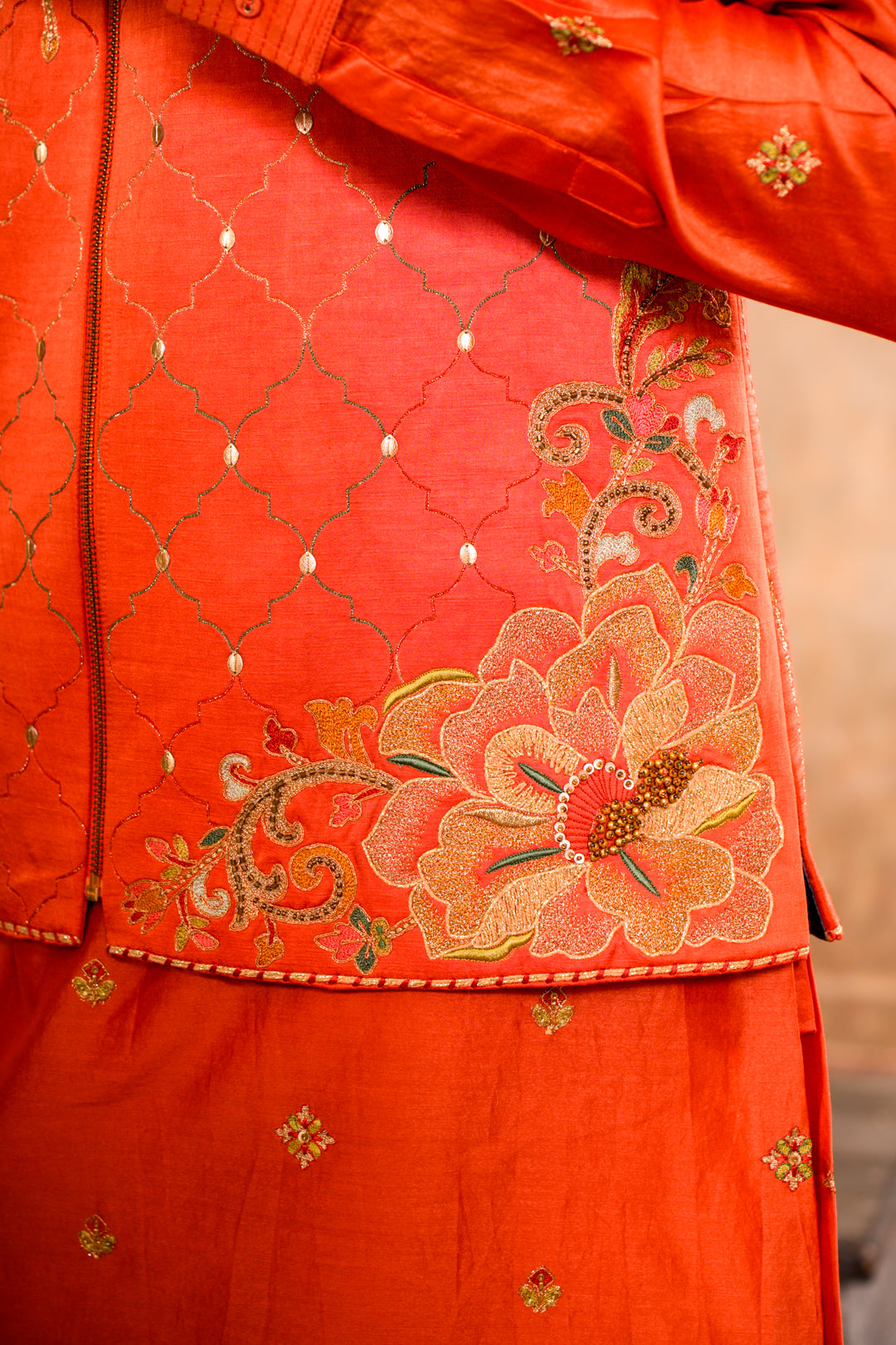 VEER PEACH ORANGE NEHRU JACKET  SET