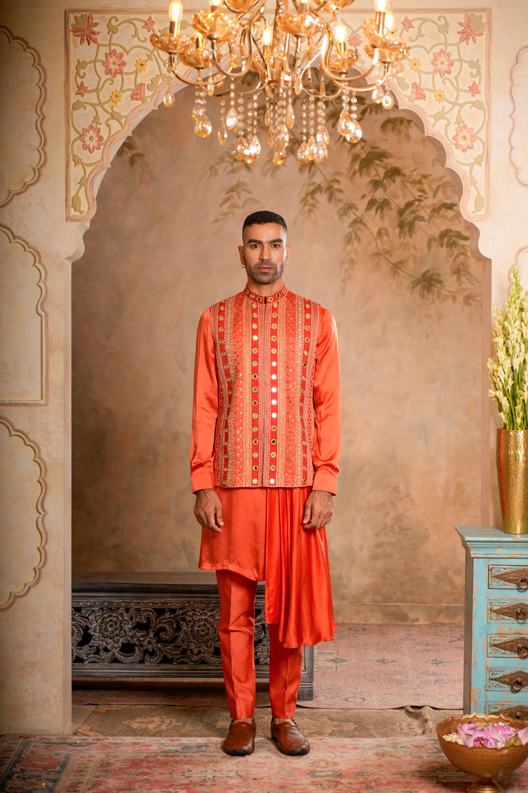 SAMAR PEACH ORANGE NEHRU JACKET  SET