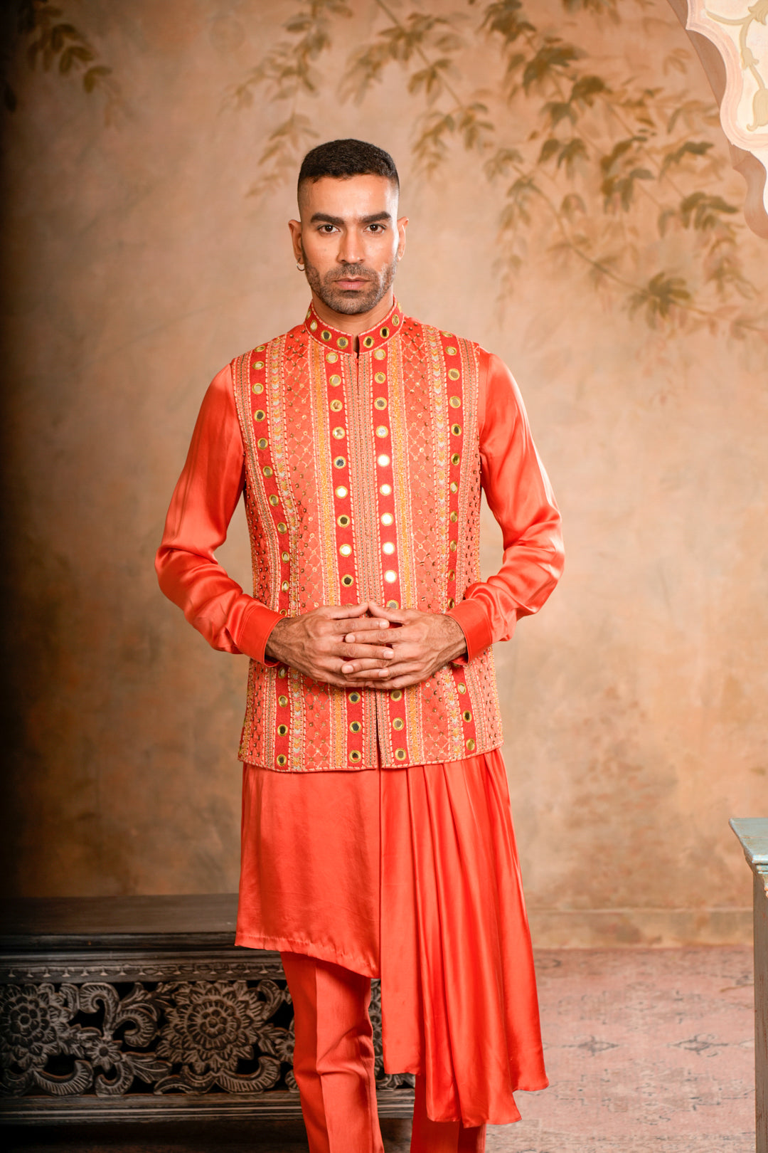 SAMAR PEACH ORANGE NEHRU JACKET  SET