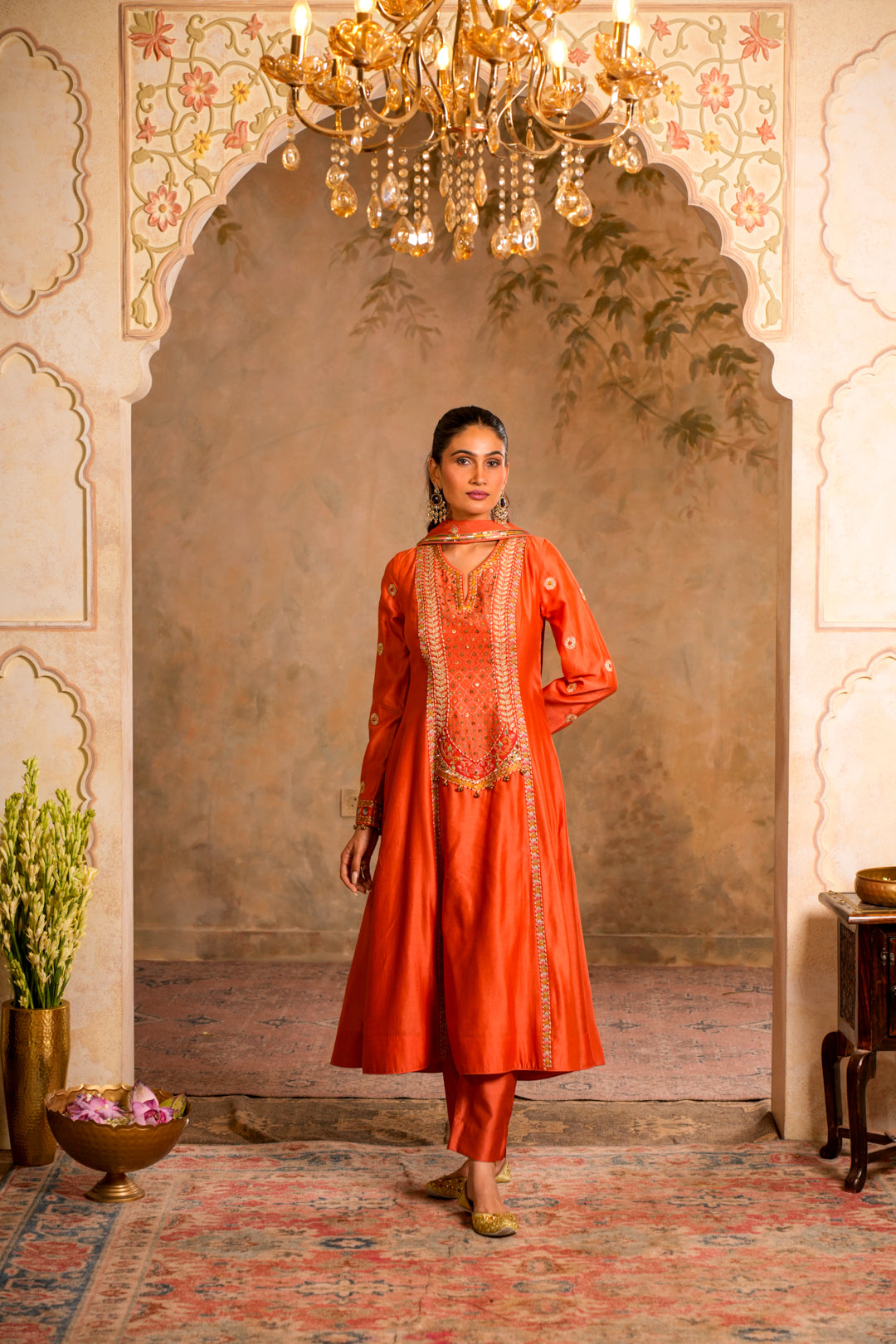 LEHER PEACH ORANGE KURTA SET