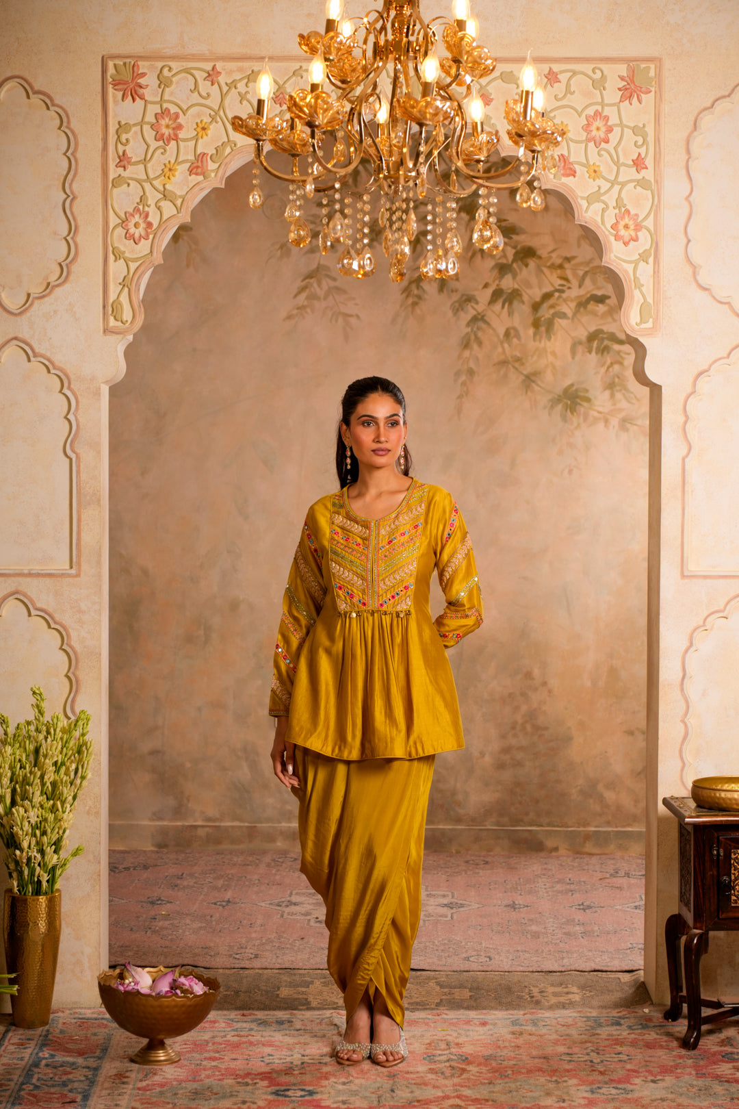 ERA GREENISH YELLOW INDO WESTERN SET