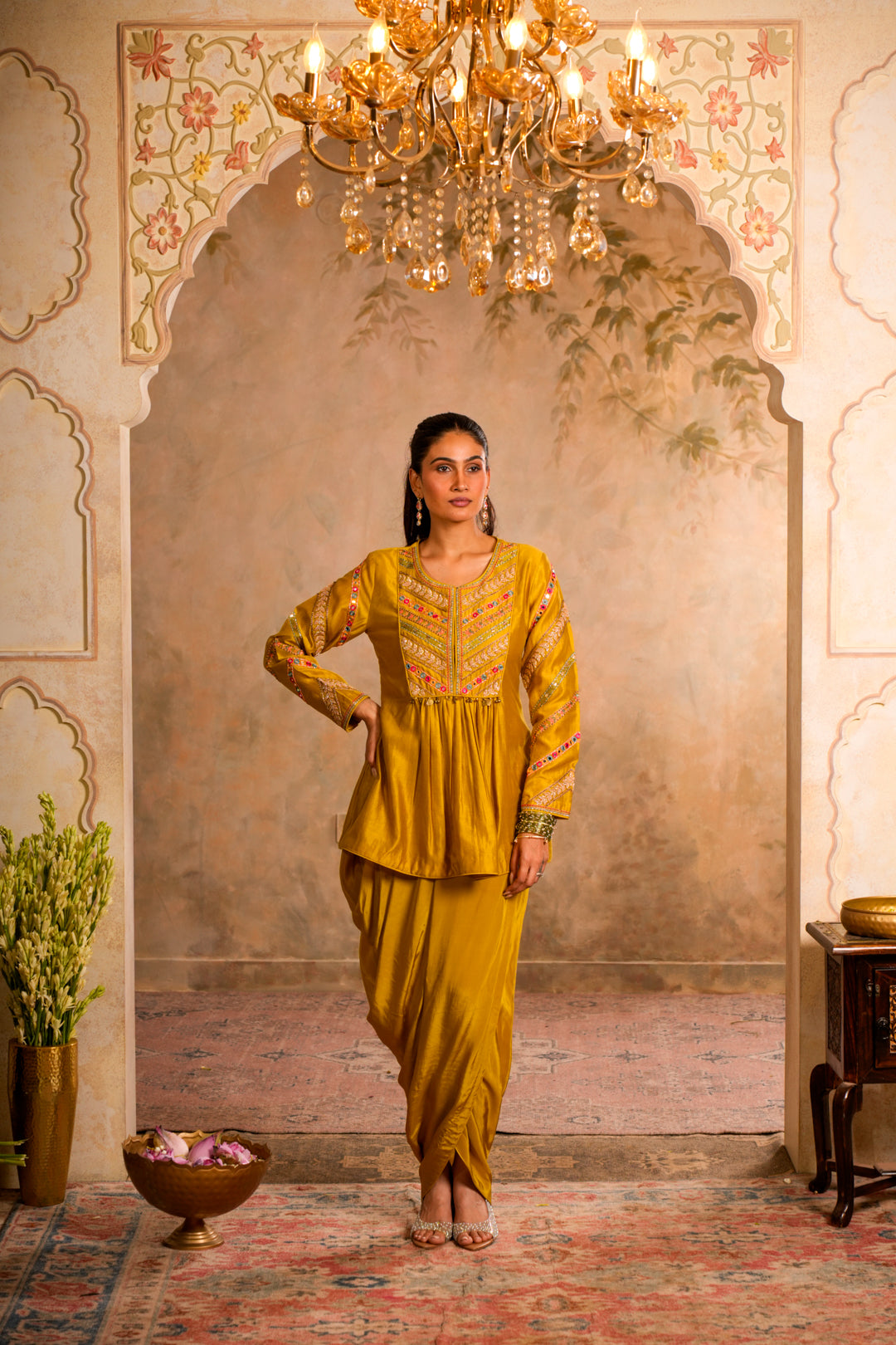 ERA GREENISH YELLOW INDO WESTERN SET