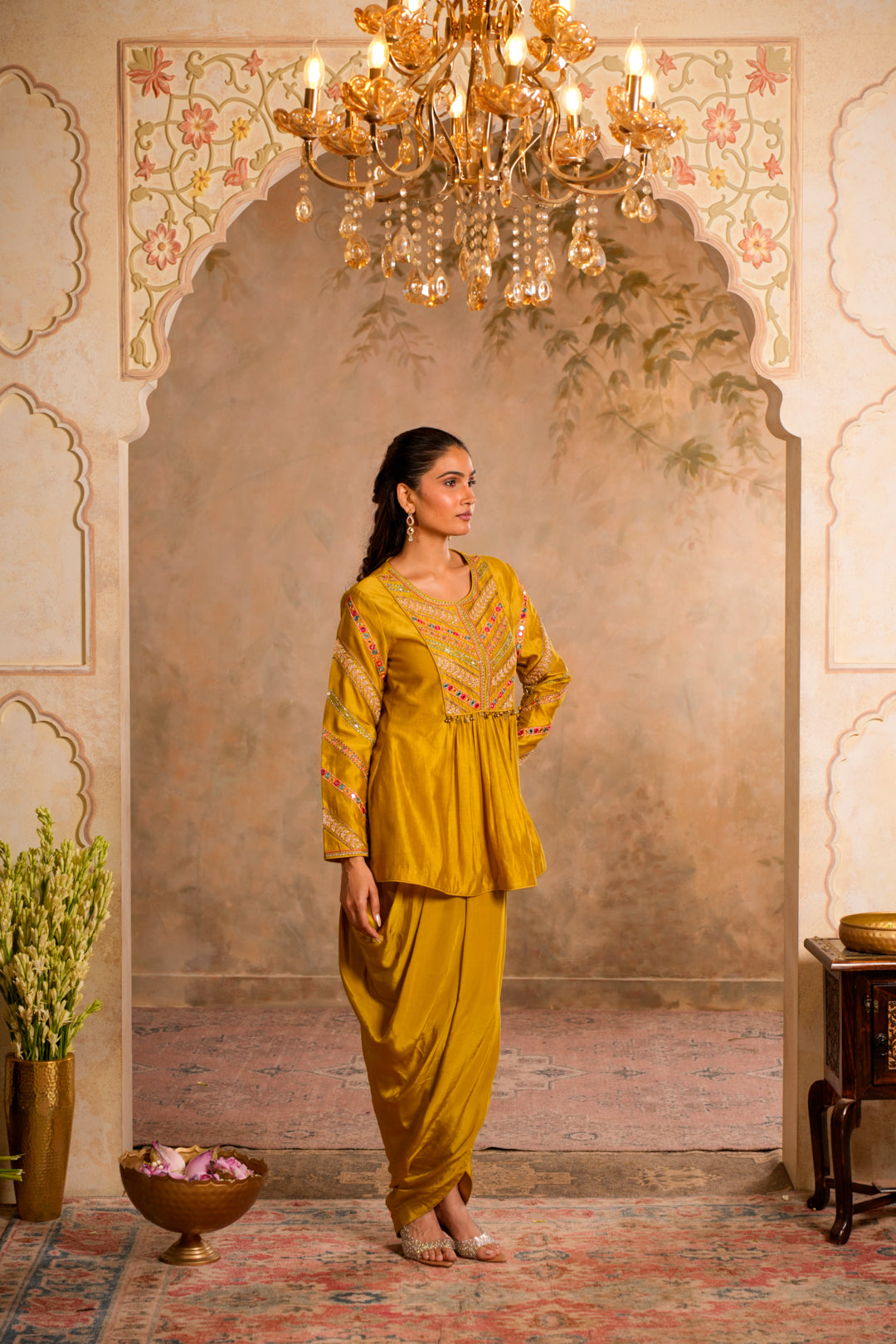 ERA GREENISH YELLOW INDO WESTERN SET