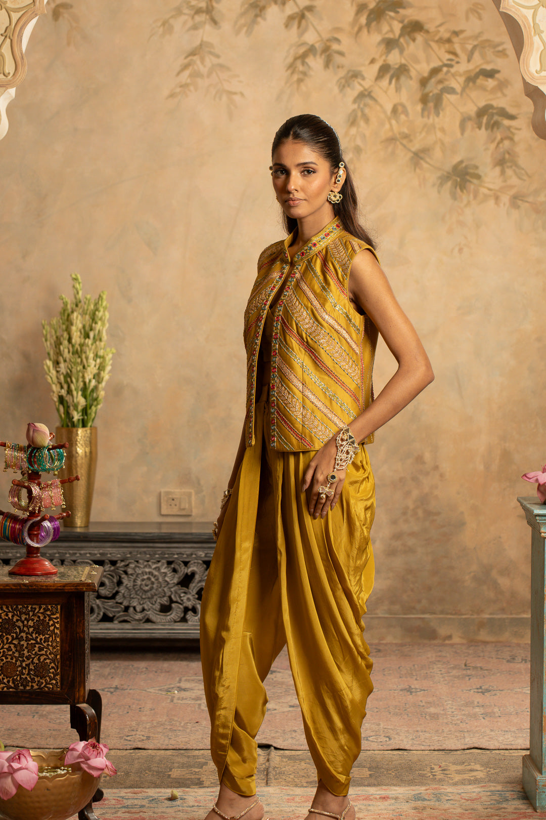 ADAA GREENISH YELLOW INDO WESTERN SET