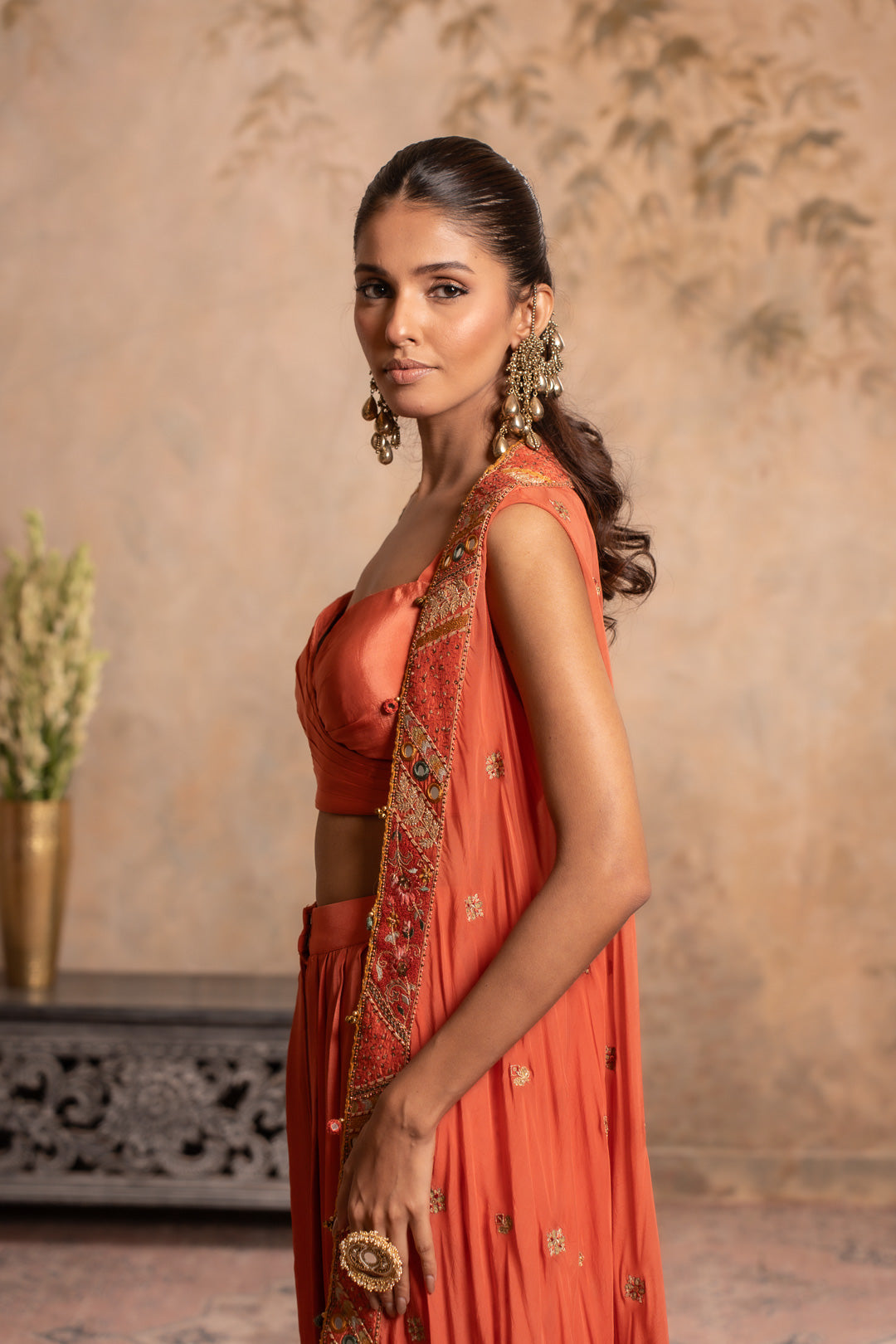MAHEK PEACH ORANGE INDO WESTERN SET