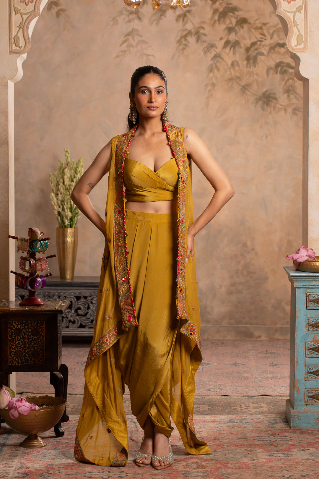 MAHEK GREENISH YELLOW INDO WESTERN SET