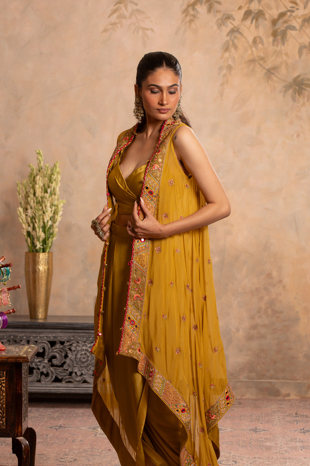 MAHEK GREENISH YELLOW INDO WESTERN SET