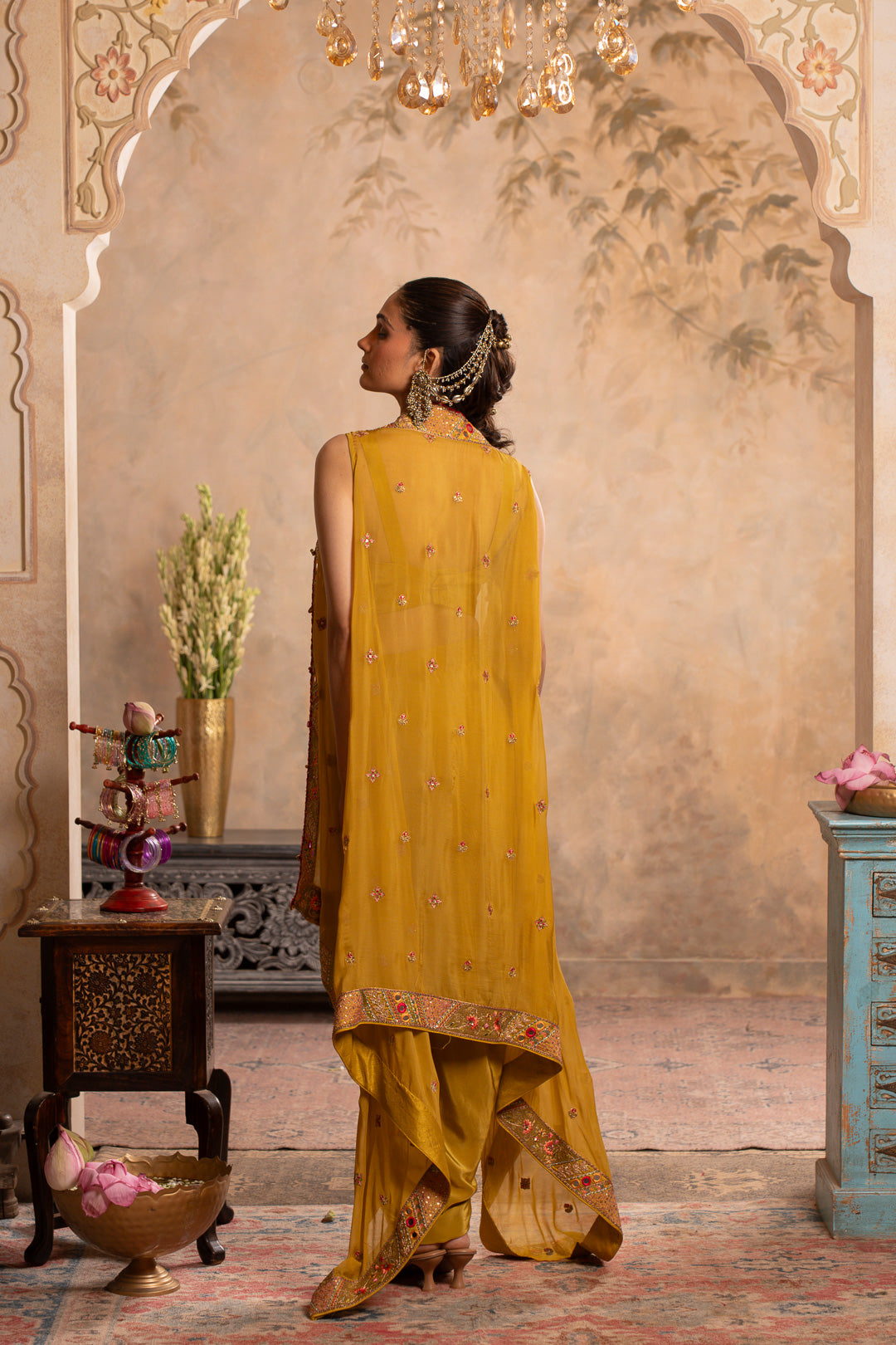 MAHEK GREENISH YELLOW INDO WESTERN SET