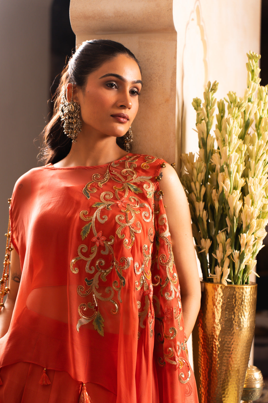 BELA PEACH ORANGE INDO WESTERN SET