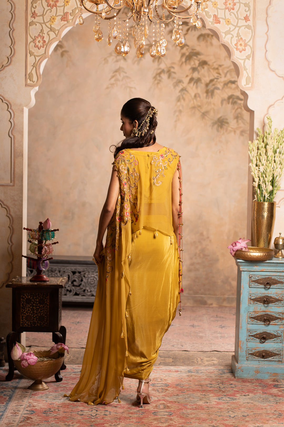 BELA GREENISH YELLOW INDO WESTERN SET