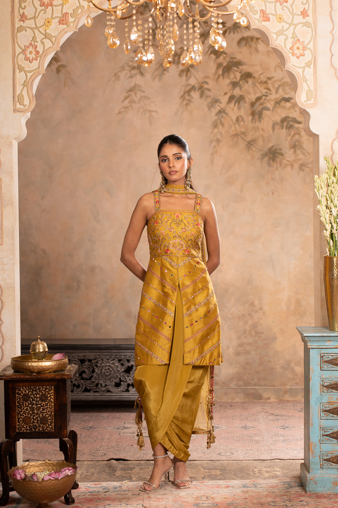 JUHI GREENISH YELLOW INDO WESTERN SET