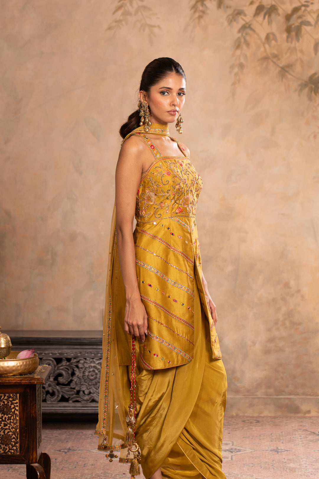 JUHI GREENISH YELLOW INDO WESTERN SET