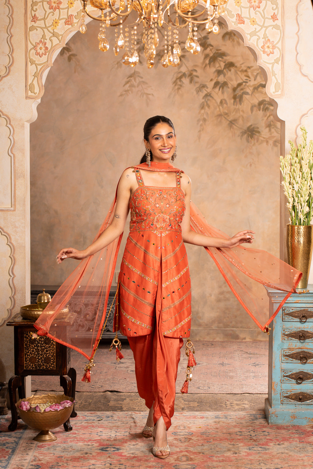 JUHI PEACH ORANGE INDO WESTERN SET