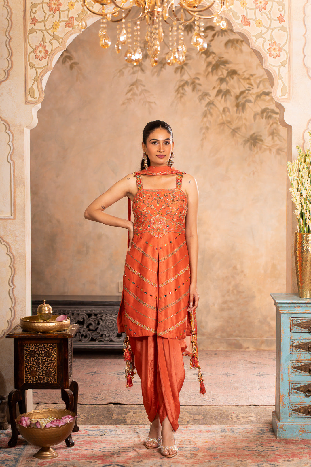 JUHI PEACH ORANGE INDO WESTERN SET