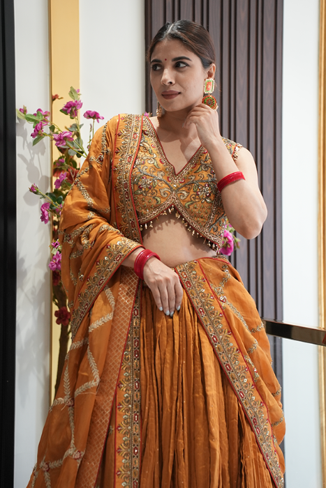 Shweta sharma Jain In Vritika Mustard Lehenga Set