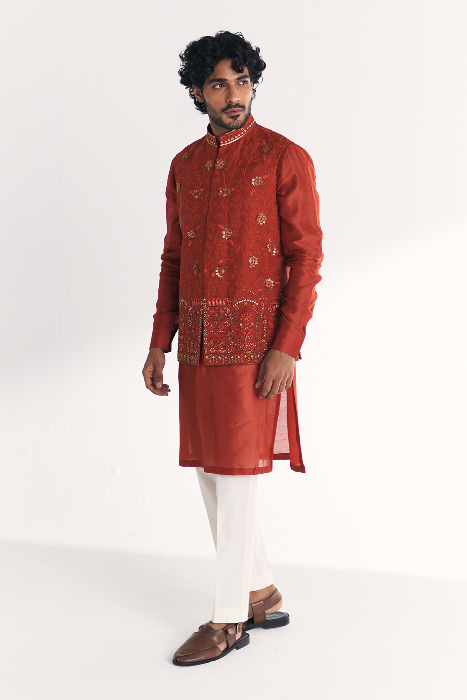Shamsi Rust Nehru Jacket Set