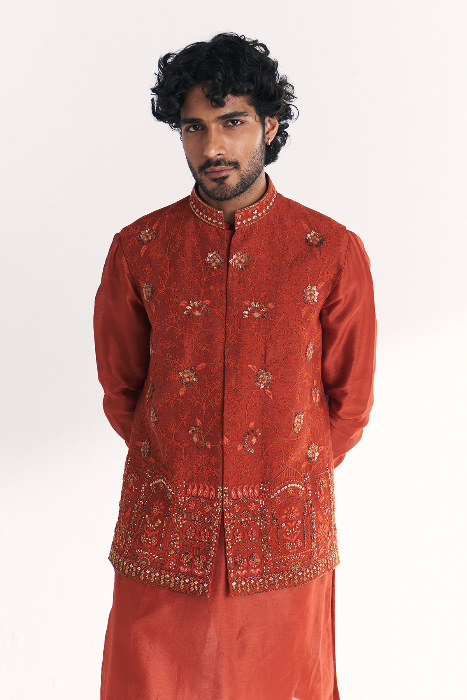 Shamsi Rust Nehru Jacket Set