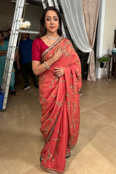 Hema Malini  In Gauri Silk Saree With Gold Details & Bandhani