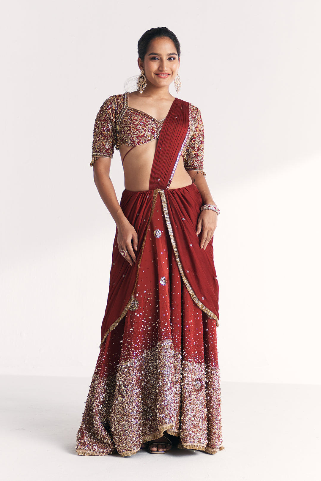 Naveli Maroon Pre-stitched Saree