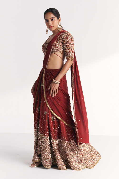 Naveli Maroon Pre-stitched Saree