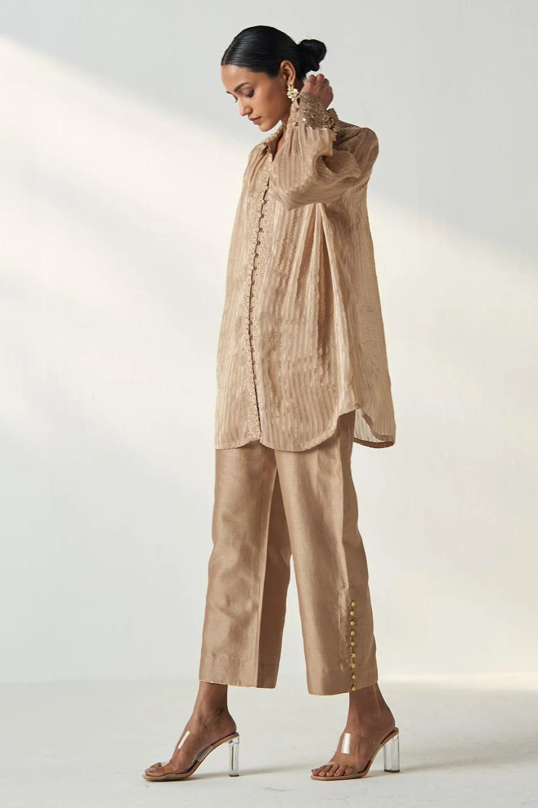 aakriti-and-anushka-in-oorvi-fawn-shirt-pant-set-studio-bagechaa-3 - Studio Bagechaa