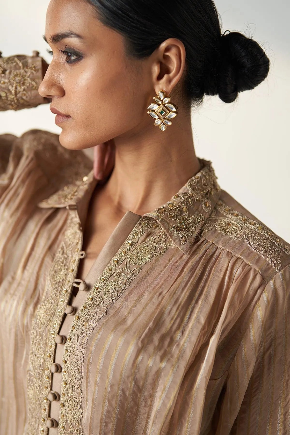 aakriti-and-anushka-in-oorvi-fawn-shirt-pant-set-studio-bagechaa-4 - Studio Bagechaa