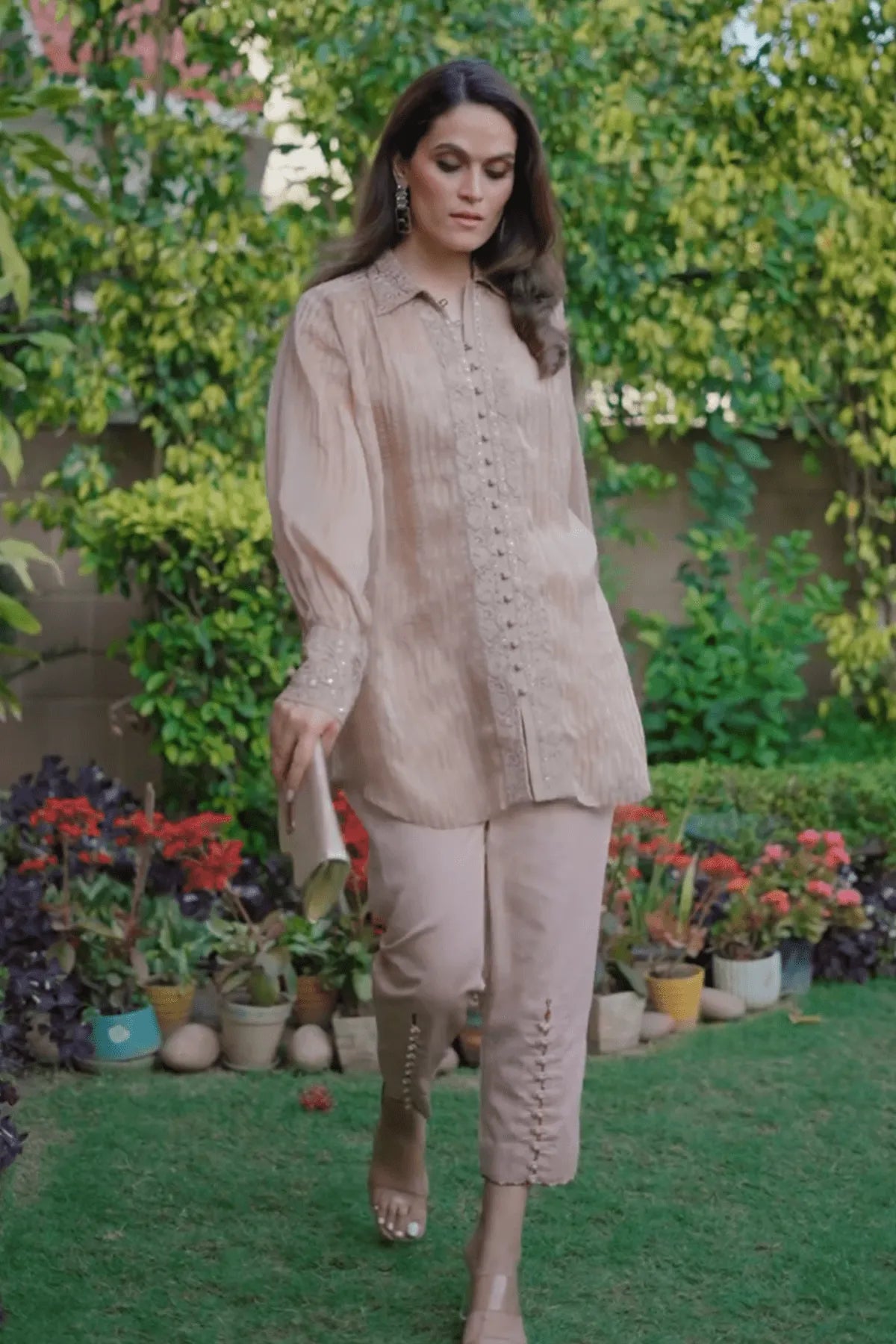 aakriti-and-anushka-in-oorvi-fawn-shirt-pant-set-studio-bagechaa-1 - Studio Bagechaa