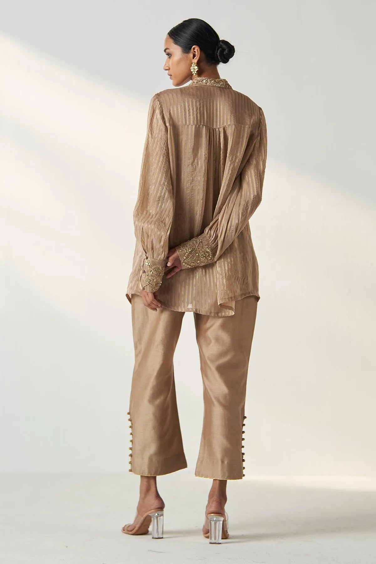 aakriti-and-anushka-in-oorvi-fawn-shirt-pant-set-studio-bagechaa-6 - Studio Bagechaa