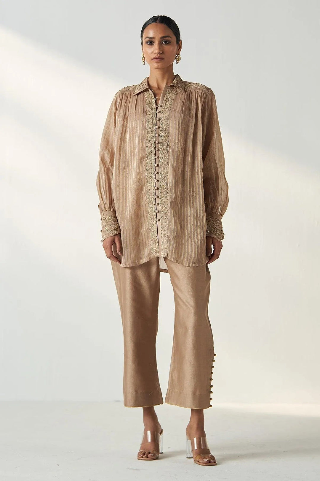 aakriti-and-anushka-in-oorvi-fawn-shirt-pant-set-studio-bagechaa-7 - Studio Bagechaa