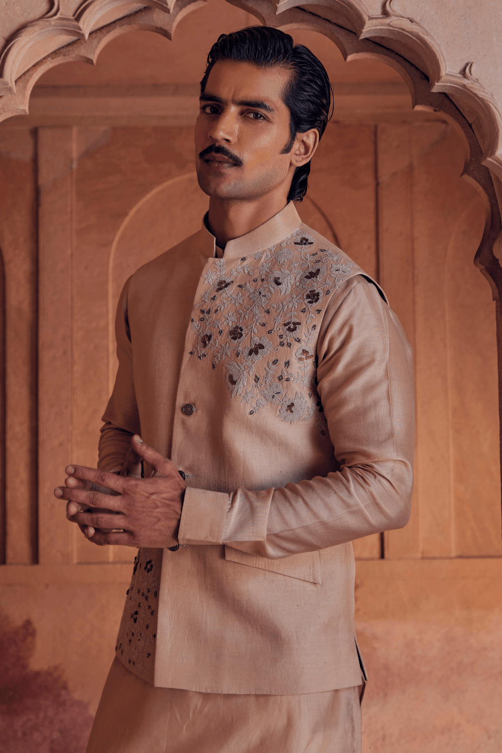 Ashar Light Peach Chanderi Nehru Jacket - Studio Bagechaa