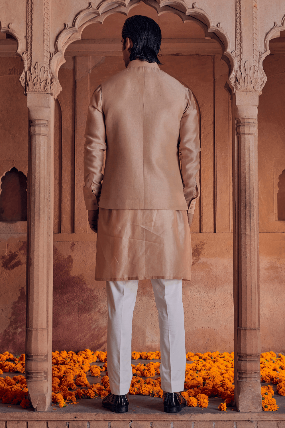 Ashar Light Peach Chanderi Nehru Jacket - Studio Bagechaa