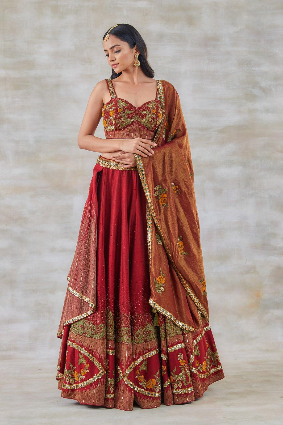 Gulab Aari and Resham Embroidery Lehenga - Studio Bagechaa