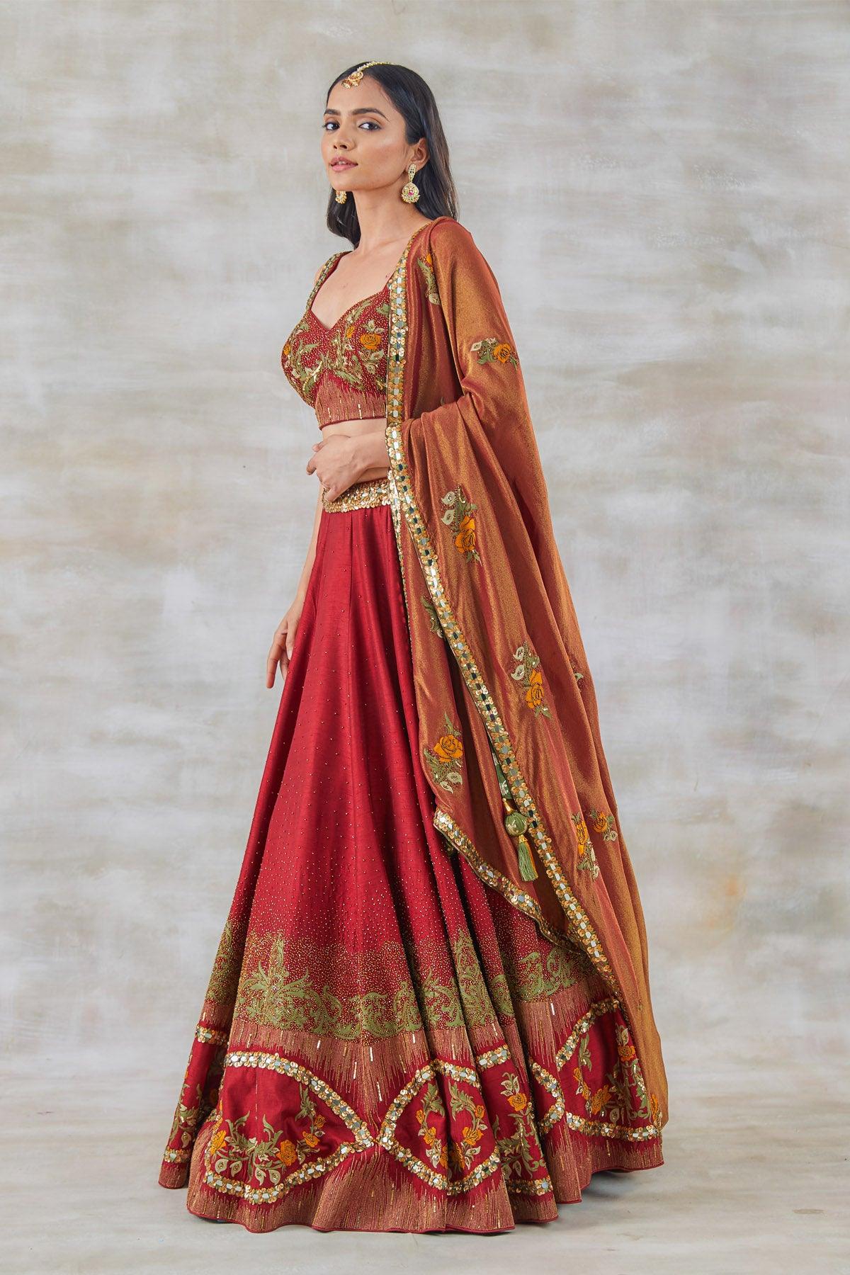 Gulab Aari and Resham Embroidery Lehenga - Studio Bagechaa