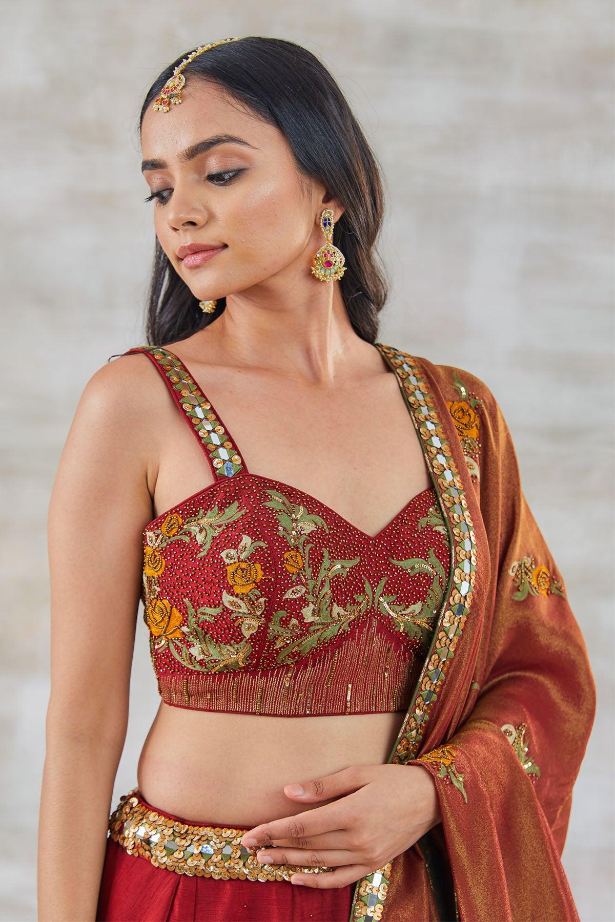 Gulab Aari and Resham Embroidery Lehenga - Studio Bagechaa