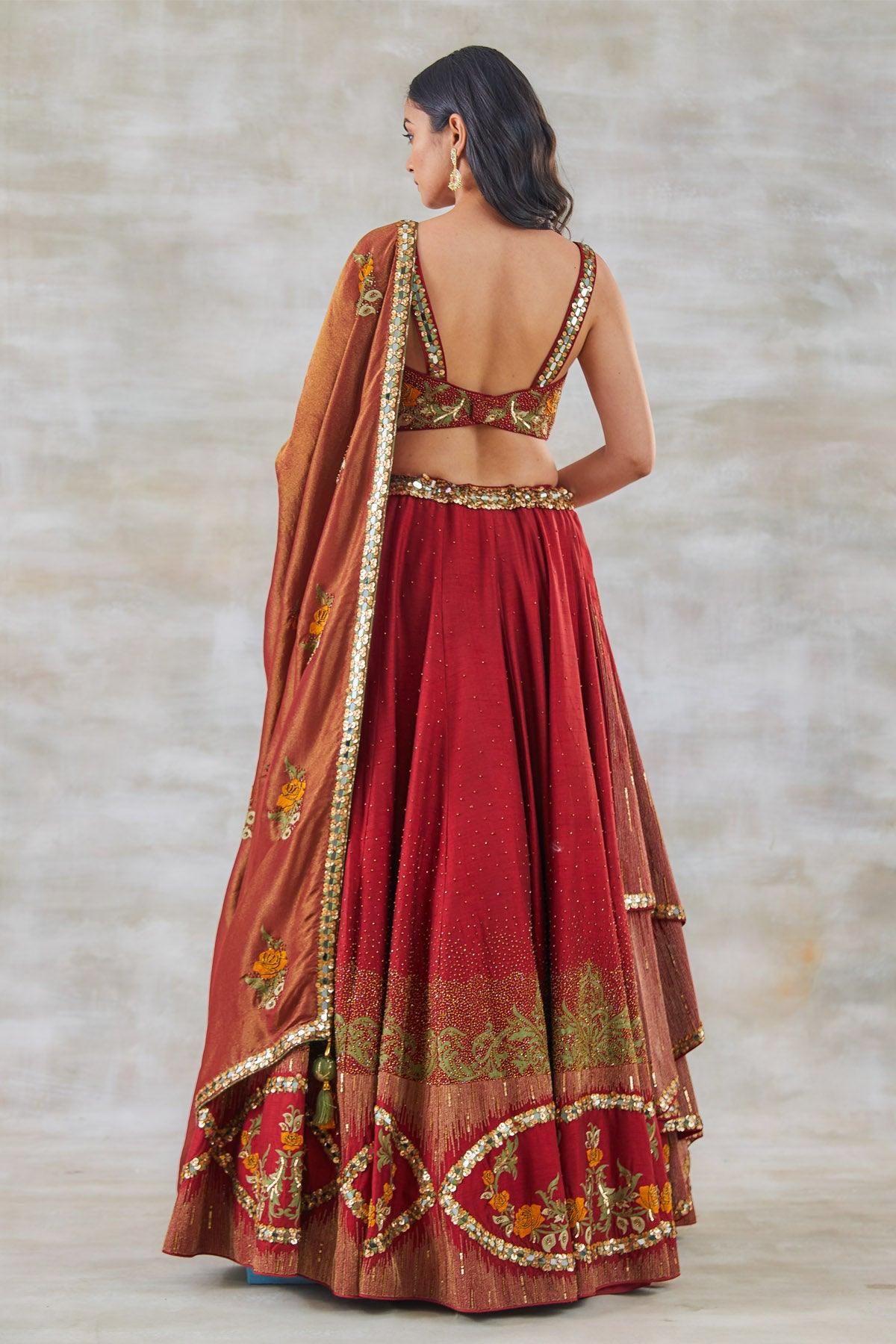 Gulab Aari and Resham Embroidery Lehenga - Studio Bagechaa