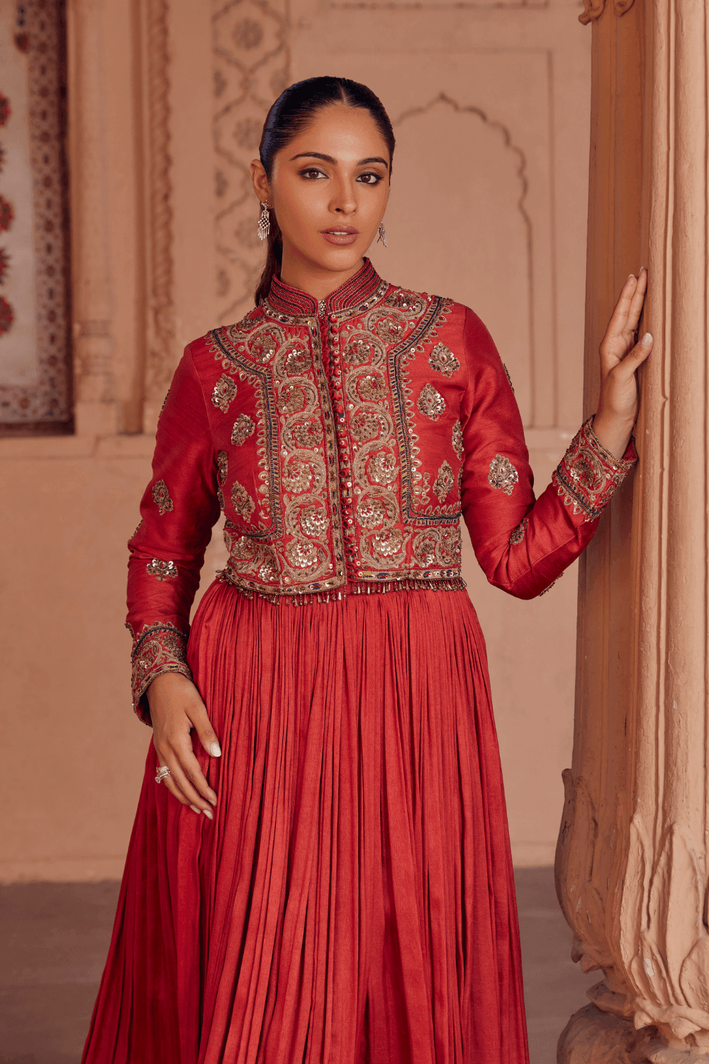 Madhavi Brick Red Anarkali With Mughal Embroidery - Studio Bagechaa