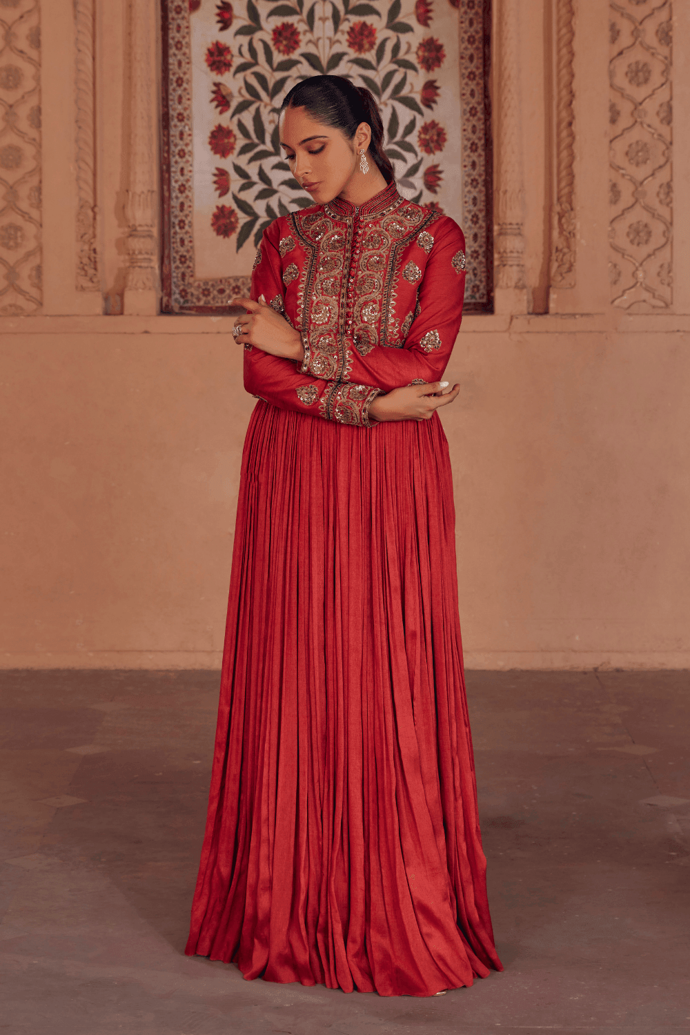 Madhavi Brick Red Anarkali With Mughal Embroidery - Studio Bagechaa