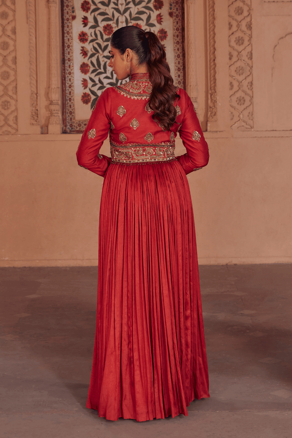 Madhavi Brick Red Anarkali With Mughal Embroidery - Studio Bagechaa