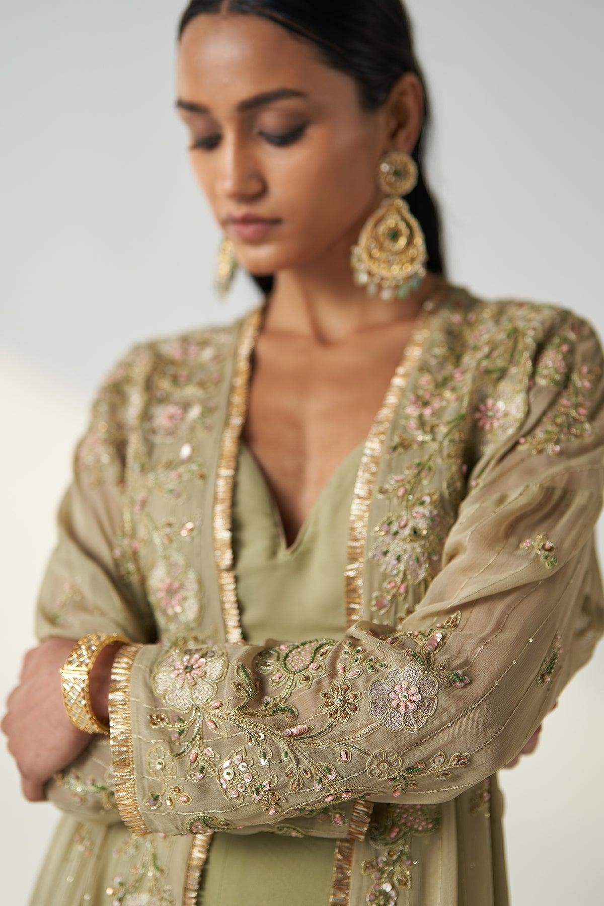 NISHA GREEN CAPE GHARARA SET - Studio Bagechaa