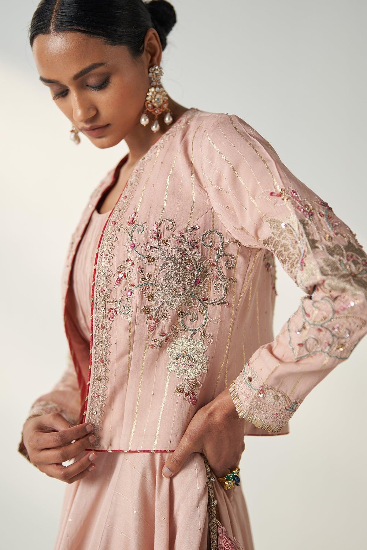 RADHA BLUSH PINK JACKET LEHENGA SET - Studio Bagechaa