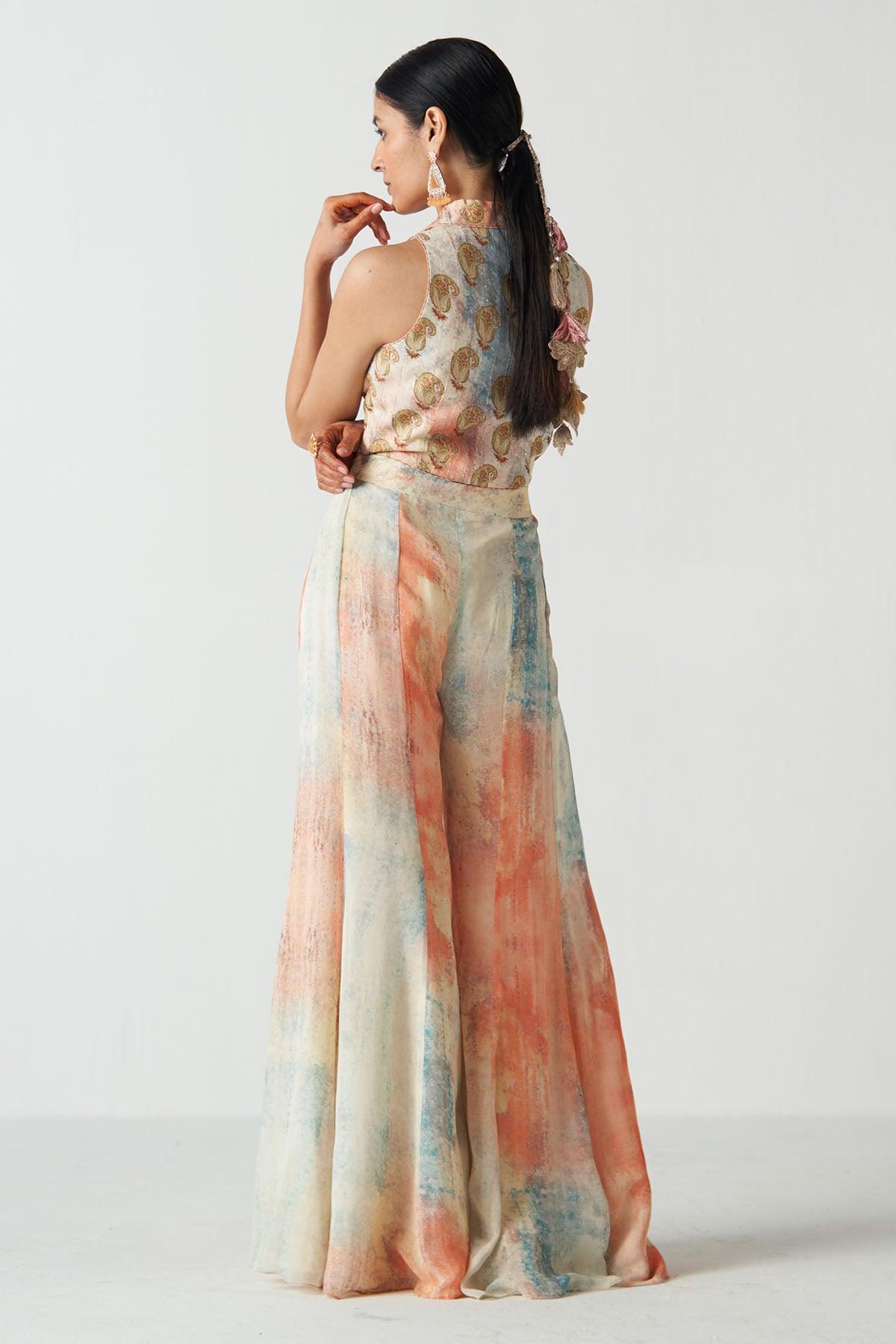 Rasbhari Peach Gilet Sharara Set - Studio Bagechaa