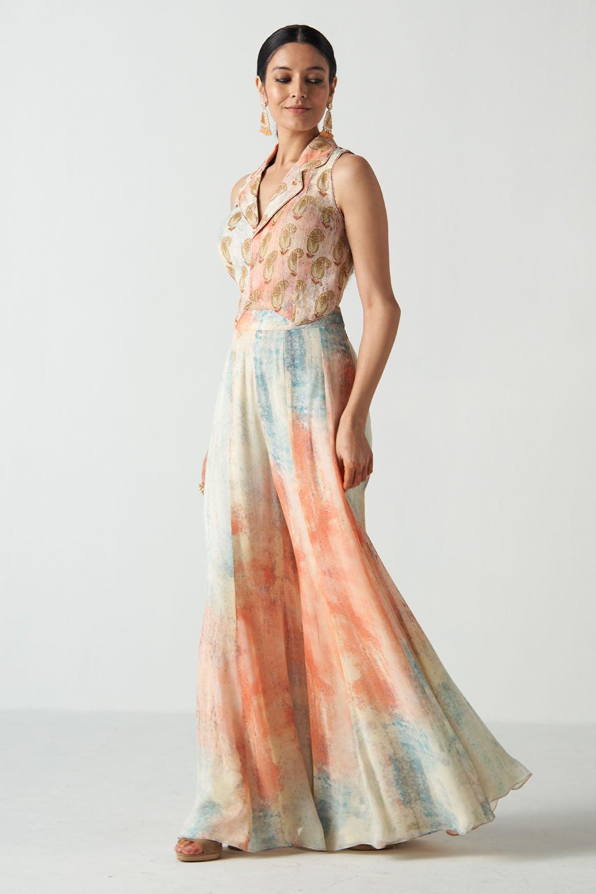 Rasbhari Peach Gilet Sharara Set - Studio Bagechaa