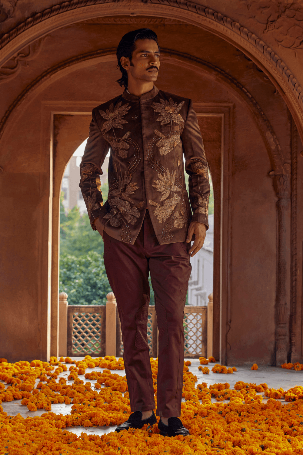 Roshan Brown Chanderi Tuxedo - Studio Bagechaa