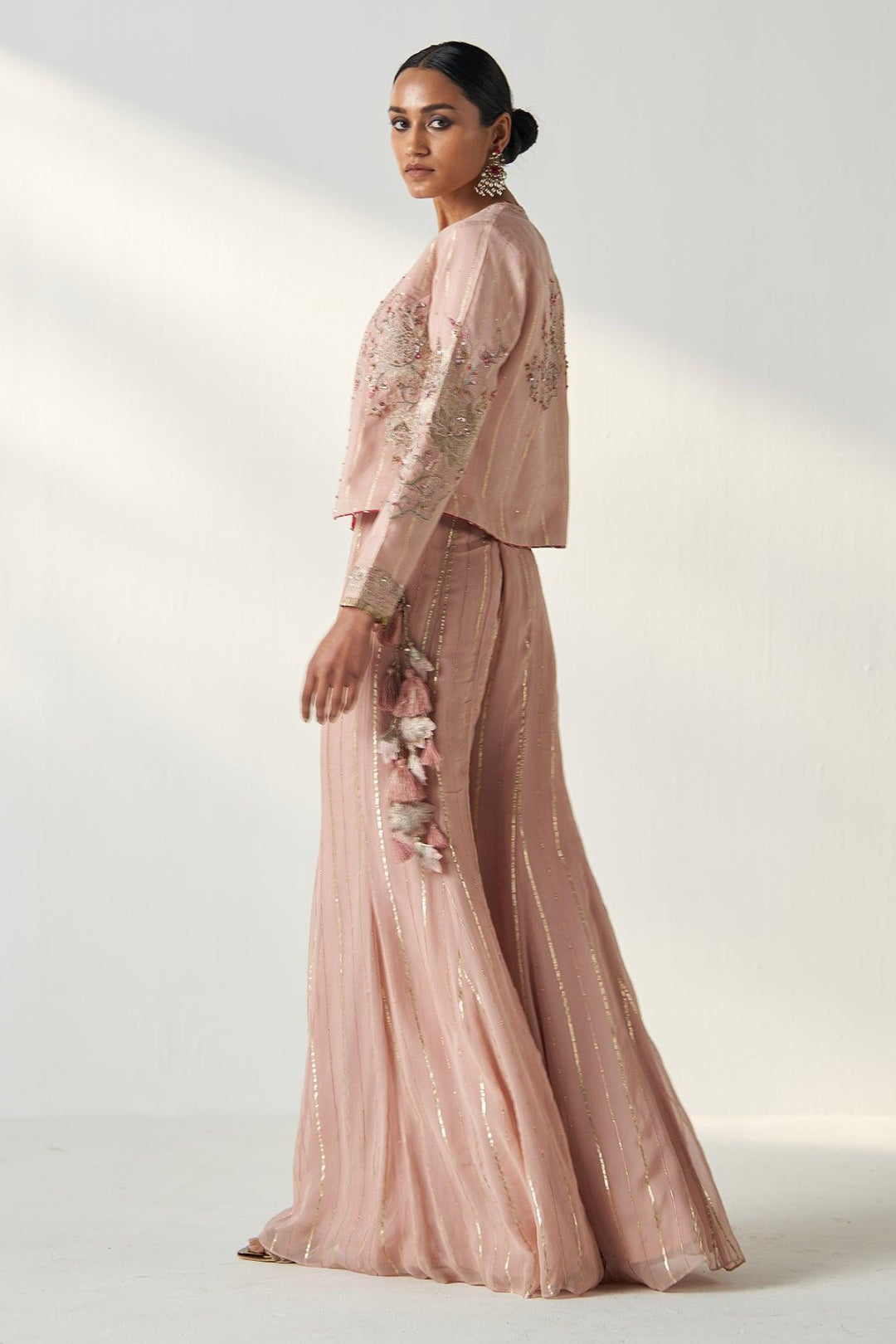 SADHANA BLUSH PINK JACKET SHARARA SET - Studio Bagechaa