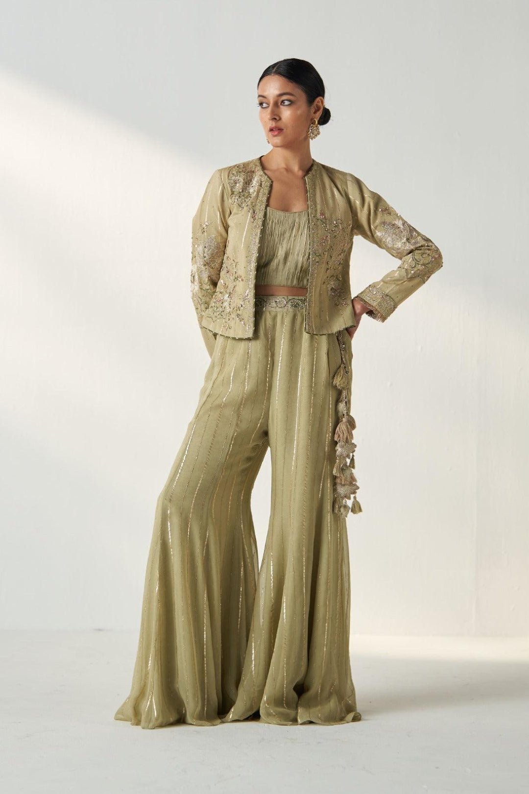 SADHANA GREEN JACKET SHARARA SET - Studio Bagechaa