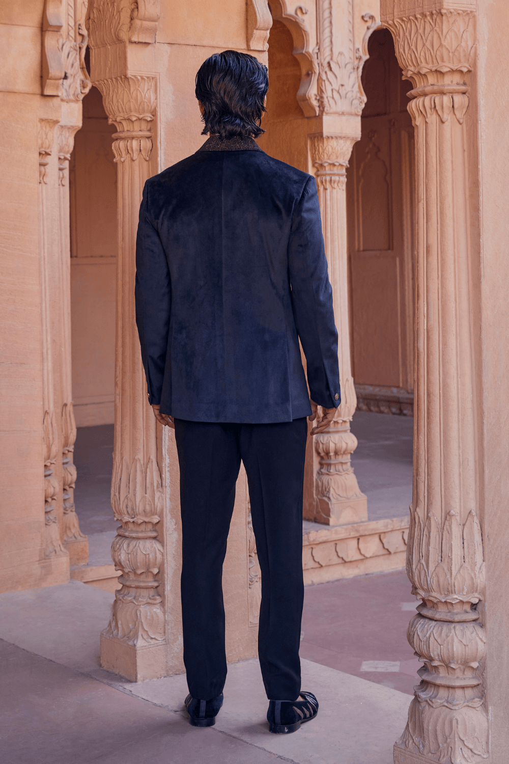 Timeless Blue Black Chanderi Tuxedo With Metal Tikki - Studio Bagechaa