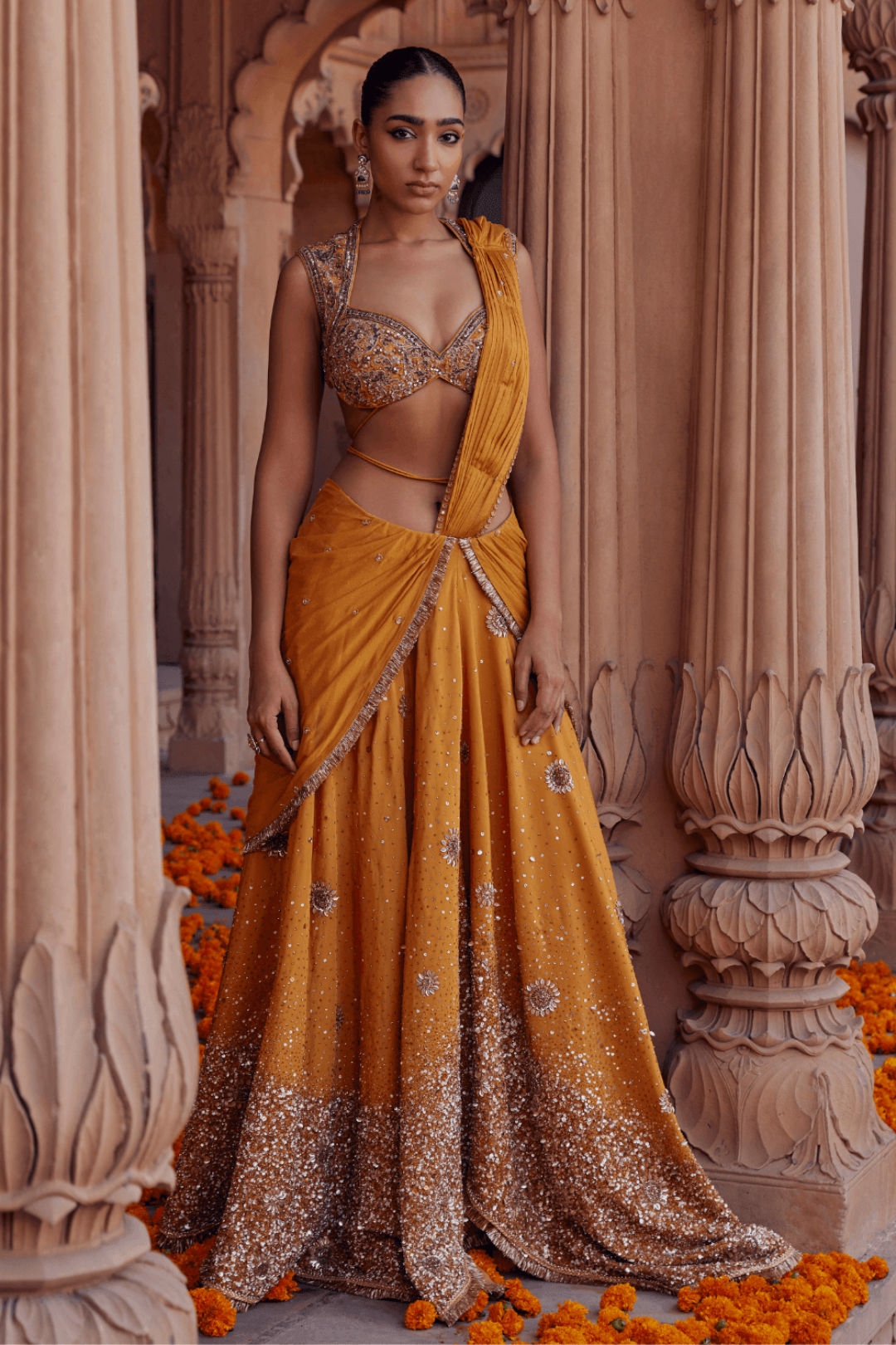 Alisha Ohri in Pihu Mustard Saree With Khichdi Sequence Work - Studio Bagechaa