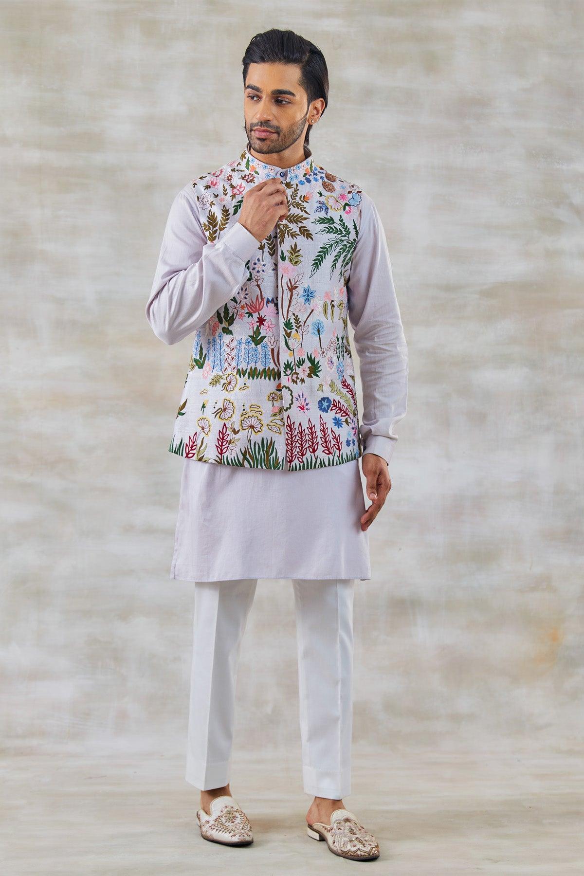 Vivacious Lilac Garden Reverie Threadwork Nehru Jacket - Studio Bagechaa